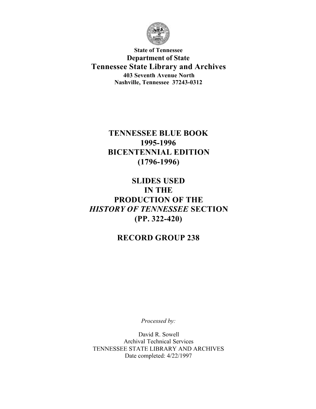 Tennessee Blue Book 1995-1996 Bicentennial Edition (1796-1996)