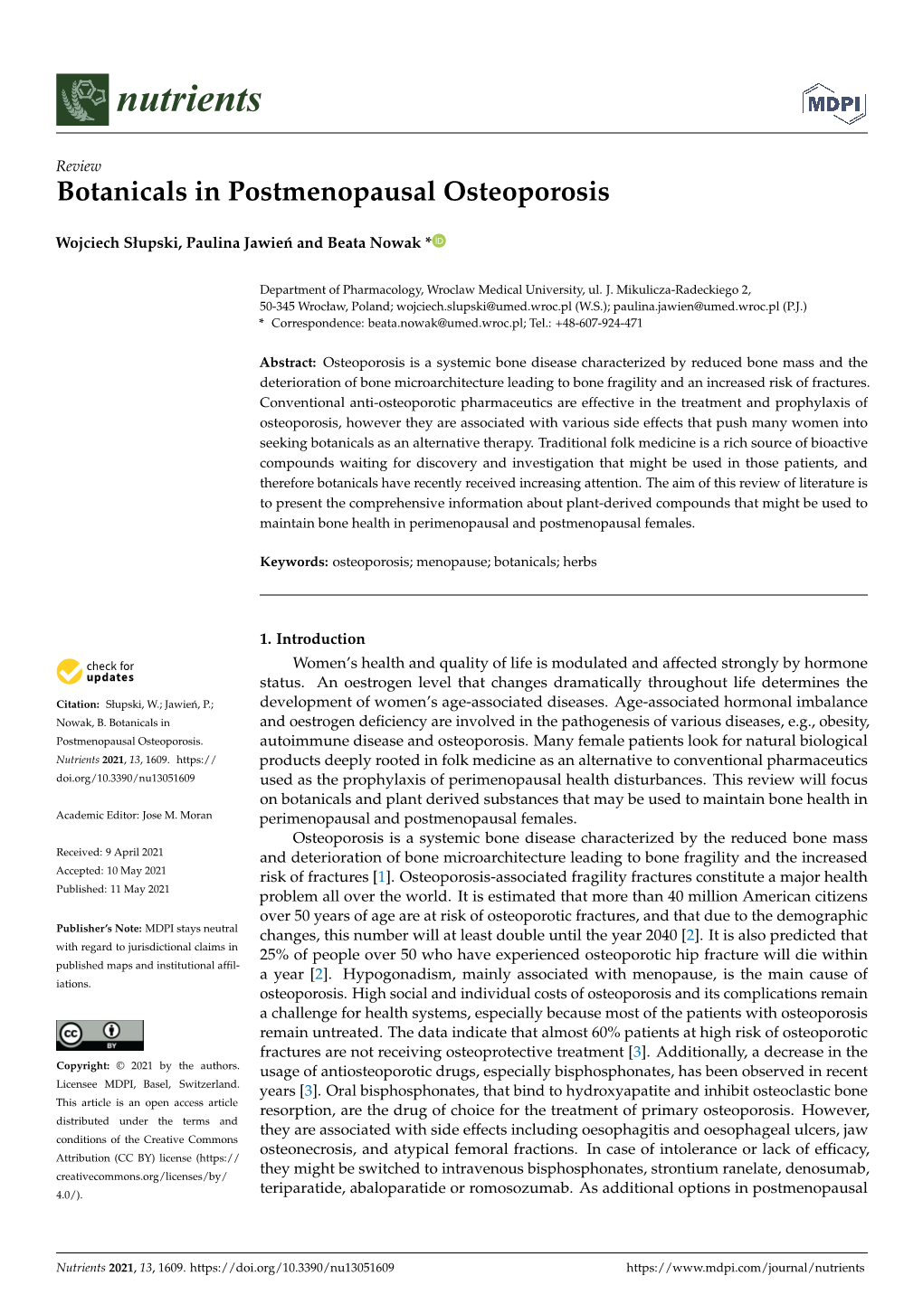 Botanicals in Postmenopausal Osteoporosis