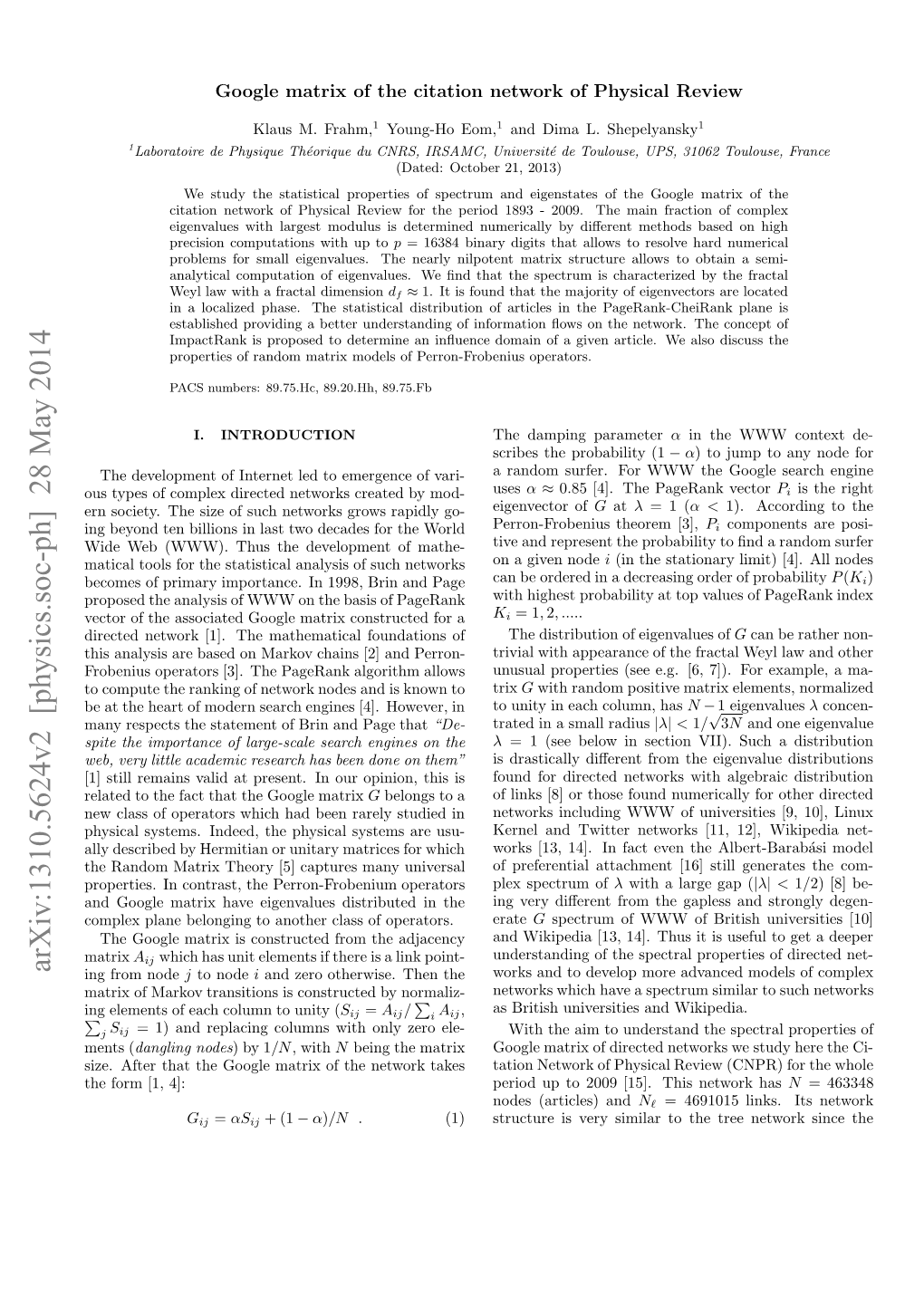 Google Matrix of the Citation Network of Physical Review