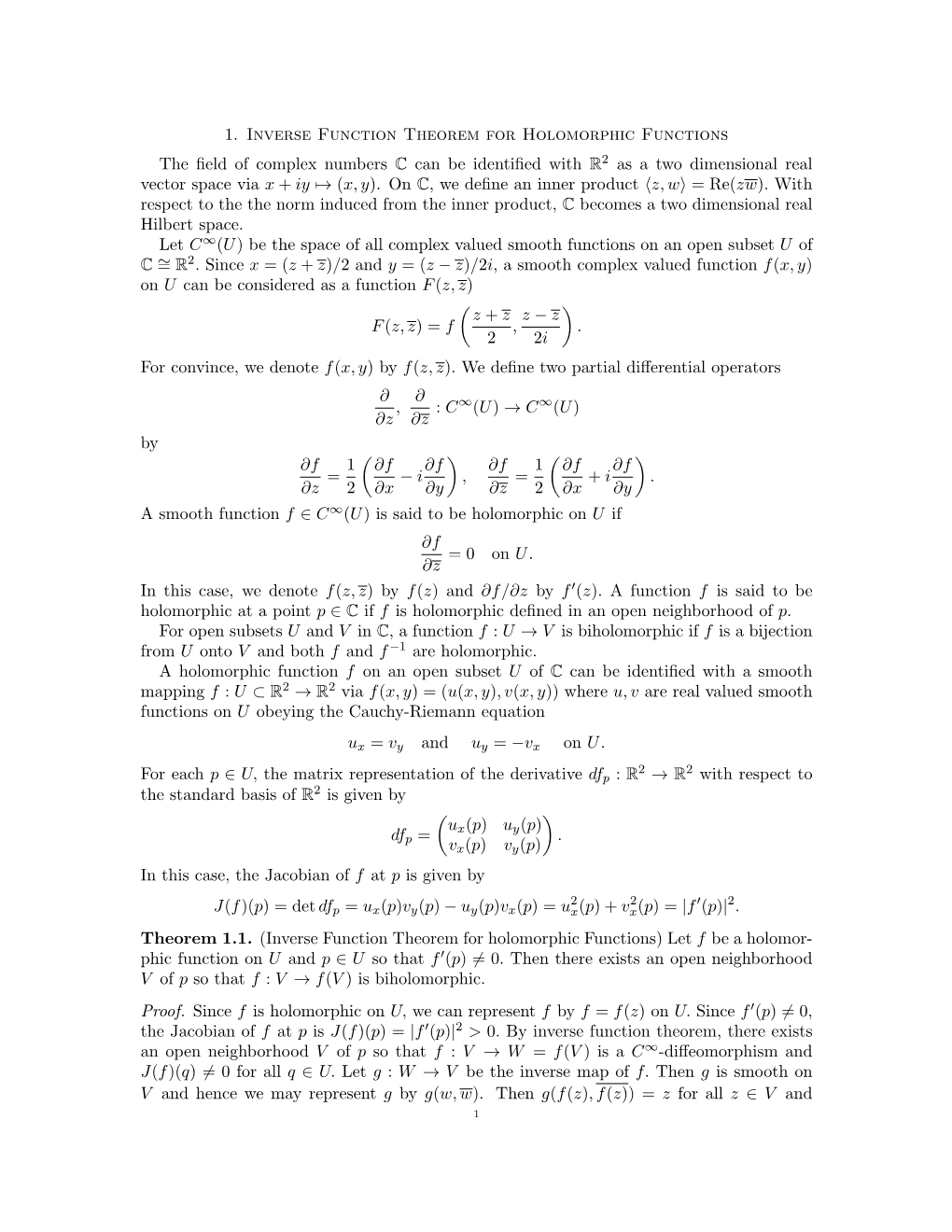 1. Inverse Function Theorem for Holomorphic Functions the Field Of