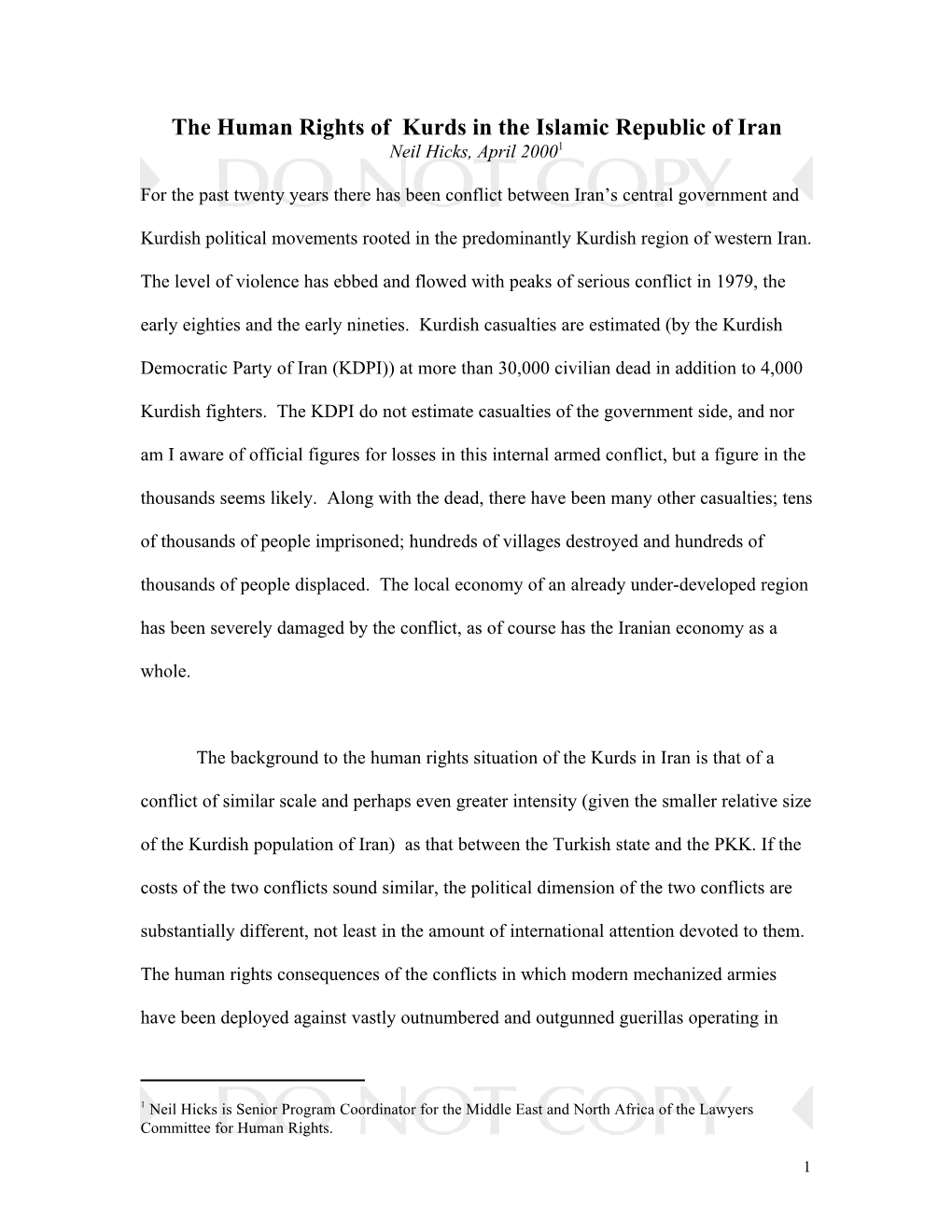 The Human Rights of Kurds in the Islamic Republic of Iran Neil Hicks, April 20001