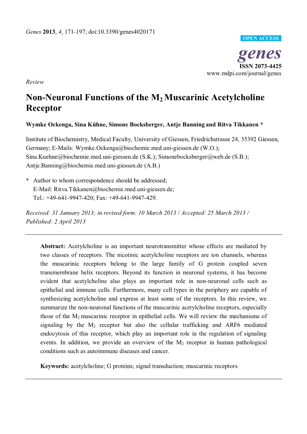 Non-Neuronal Functions of the M2 Muscarinic Acetylcholine Receptor