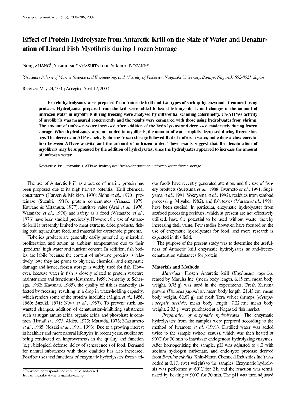 Effect of Protein Hydrolysate from Antarctic Krill on the State of Water and Denatur- Ation of Lizard Fish Myoﬁbrils During Frozen Storage