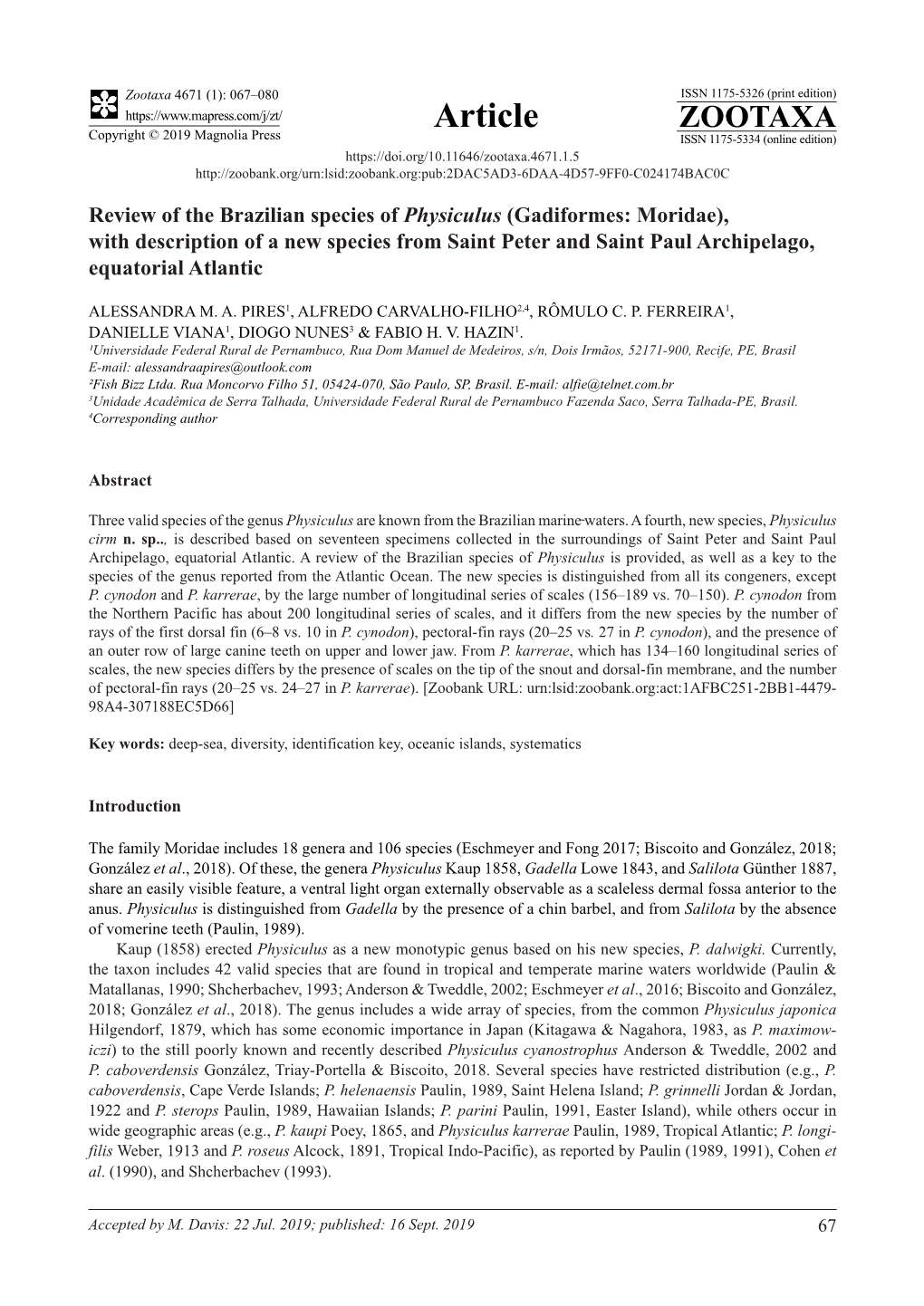 Gadiformes: Moridae), with Description of a New Species from Saint Peter and Saint Paul Archipelago, Equatorial Atlantic