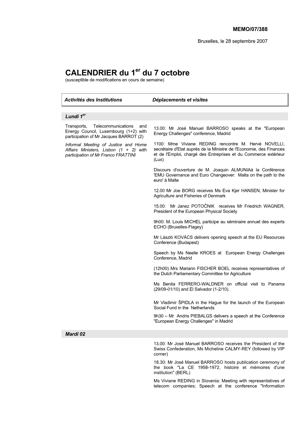 CALENDRIER Du 1Er Du 7 Octobre (Susceptible De Modifications En Cours De Semaine)