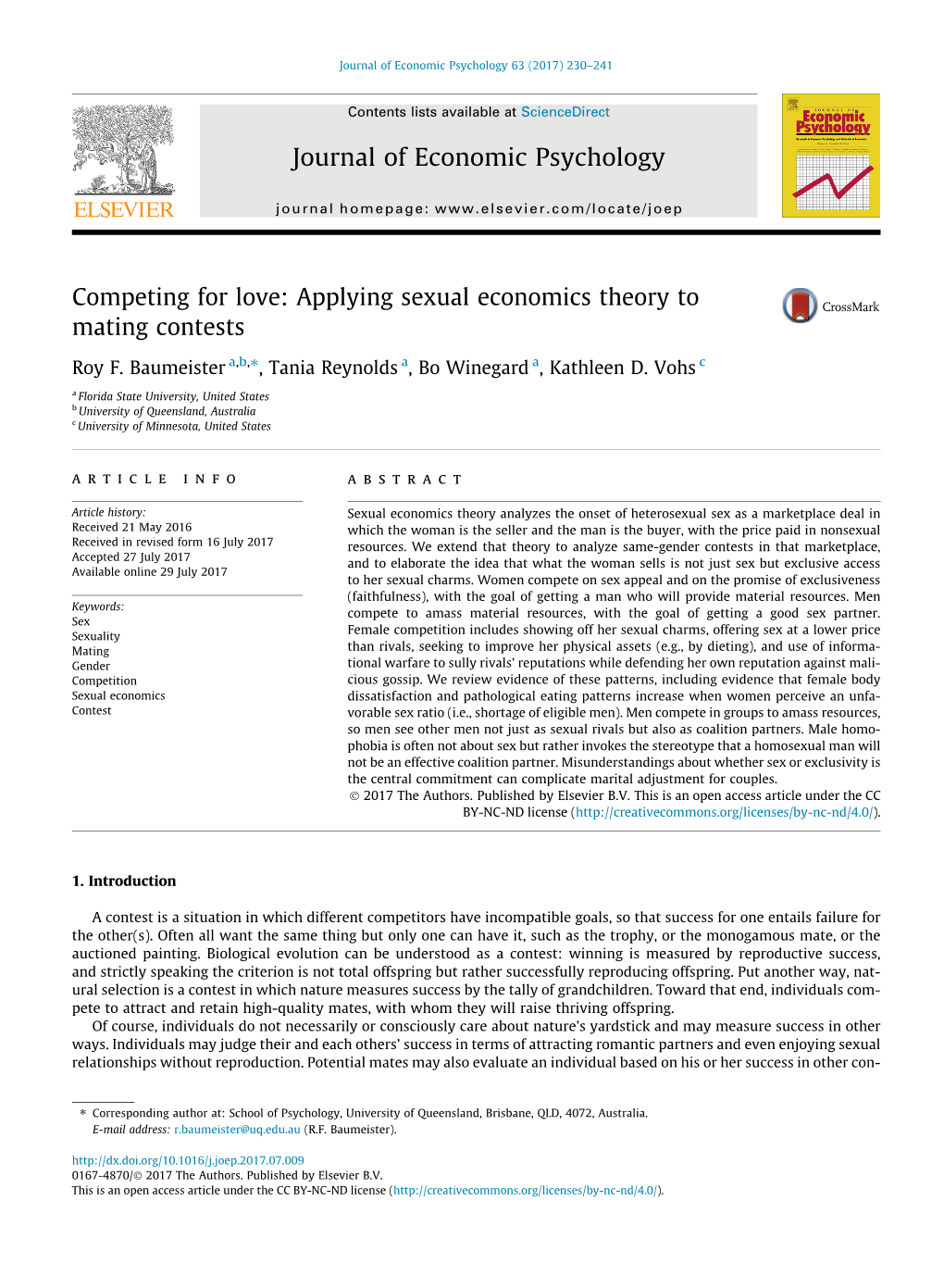 Competing for Love: Applying Sexual Economics Theory to Mating Contests ⇑ Roy F