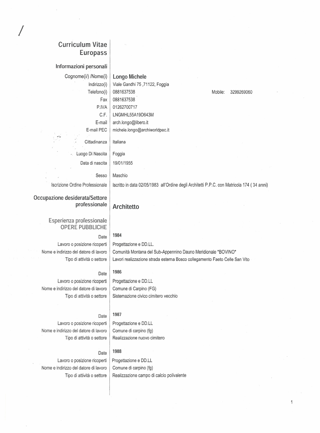 Curriculum Vitae Europass Architetto