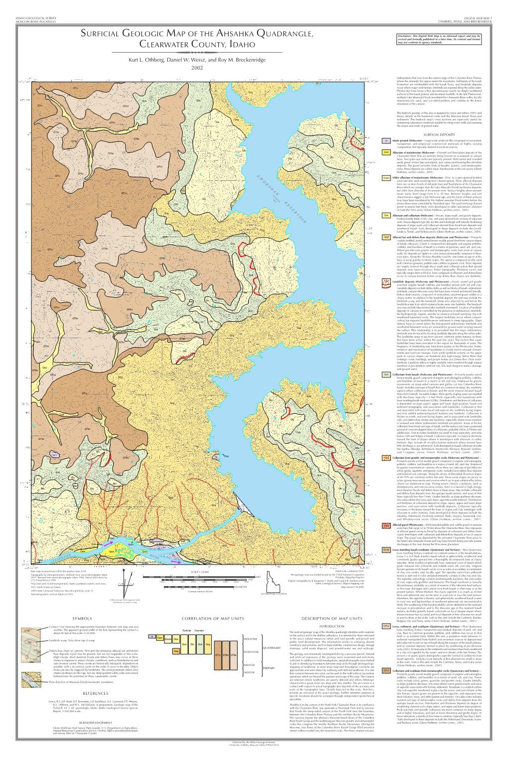 Surficial Geologic Map of the Ahsahka Quadrangle, Clearwater County