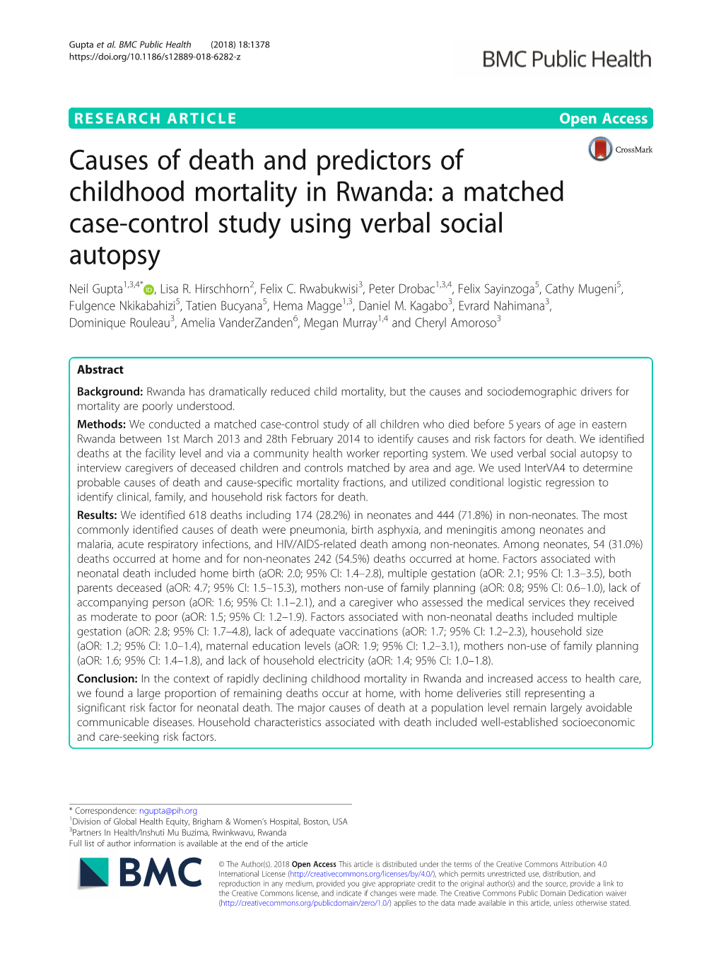 Causes of Death and Predictors of Childhood Mortality in Rwanda: a Matched Case-Control Study Using Verbal Social Autopsy Neil Gupta1,3,4* , Lisa R