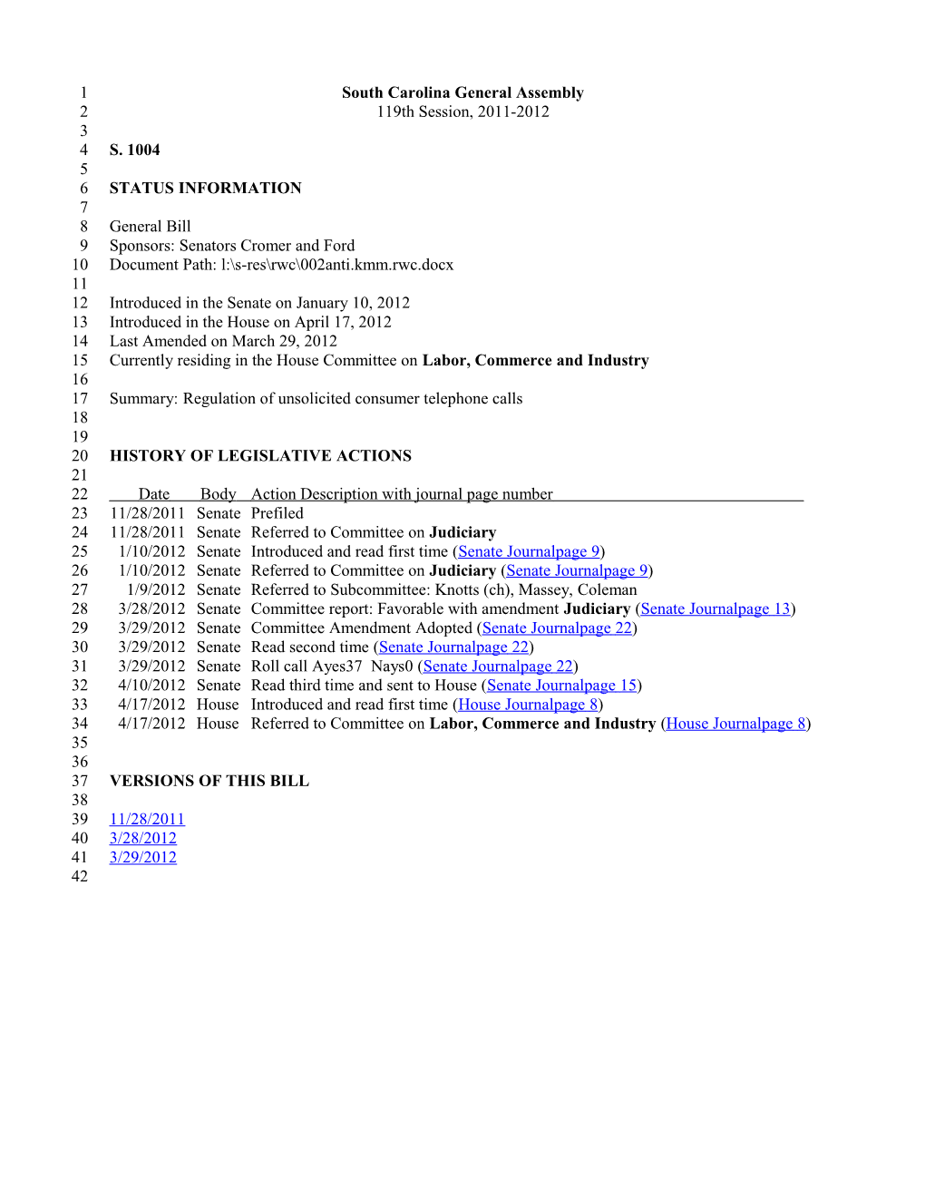 2011-2012 Bill 1004: Regulation of Unsolicited Consumer Telephone Calls - South Carolina