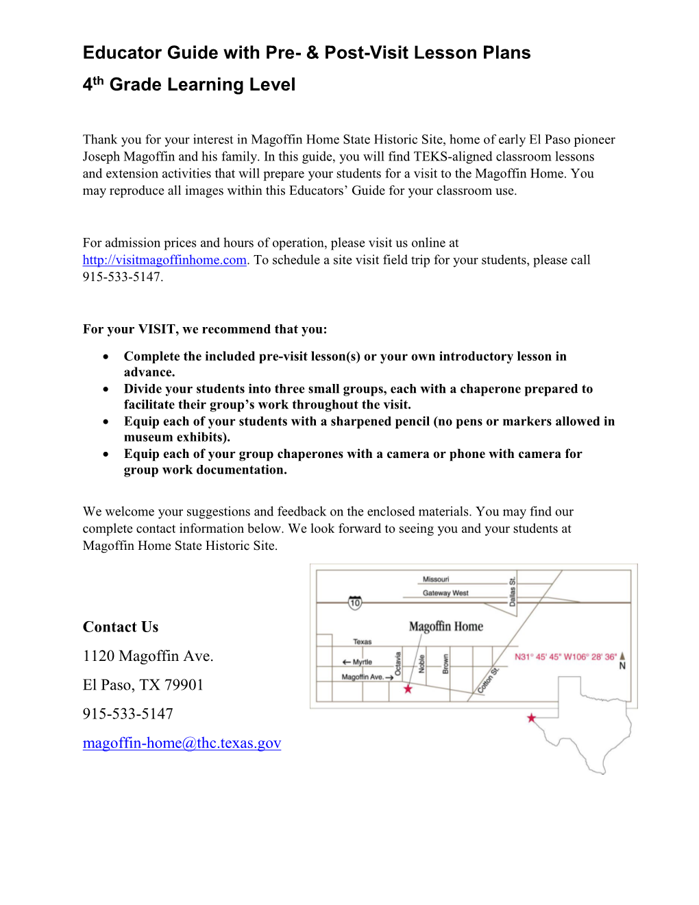 Educator Guide with Pre- & Post-Visit Lesson Plans 4Th Grade Learning