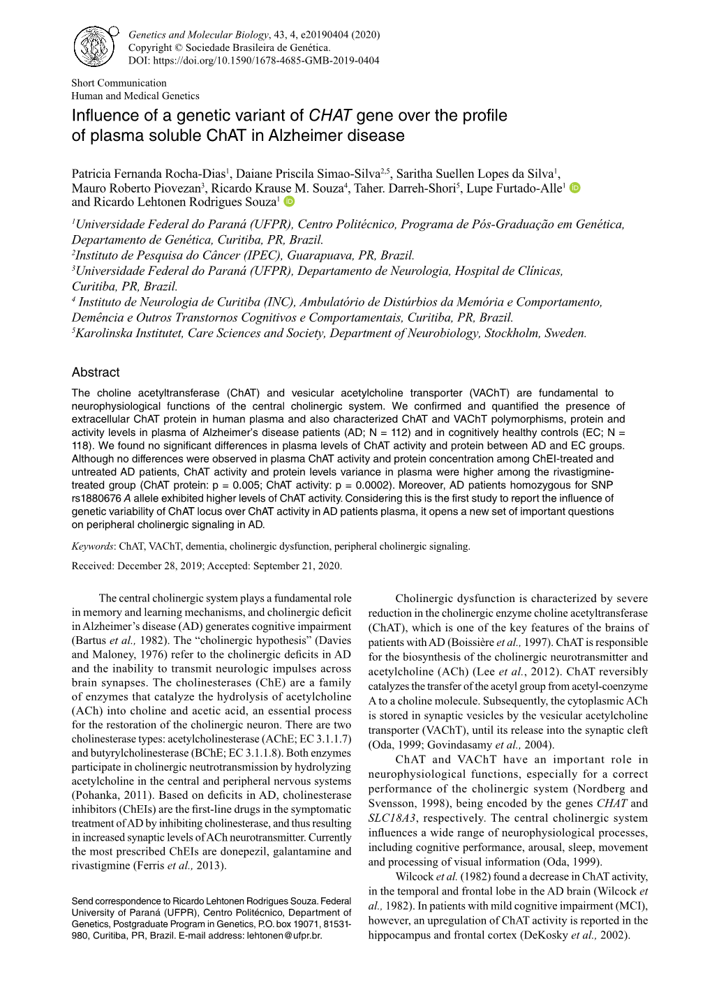 Genetics and Molecular Biology, 43, 4, E20190404 (2020) Copyright © Sociedade Brasileira De Genética