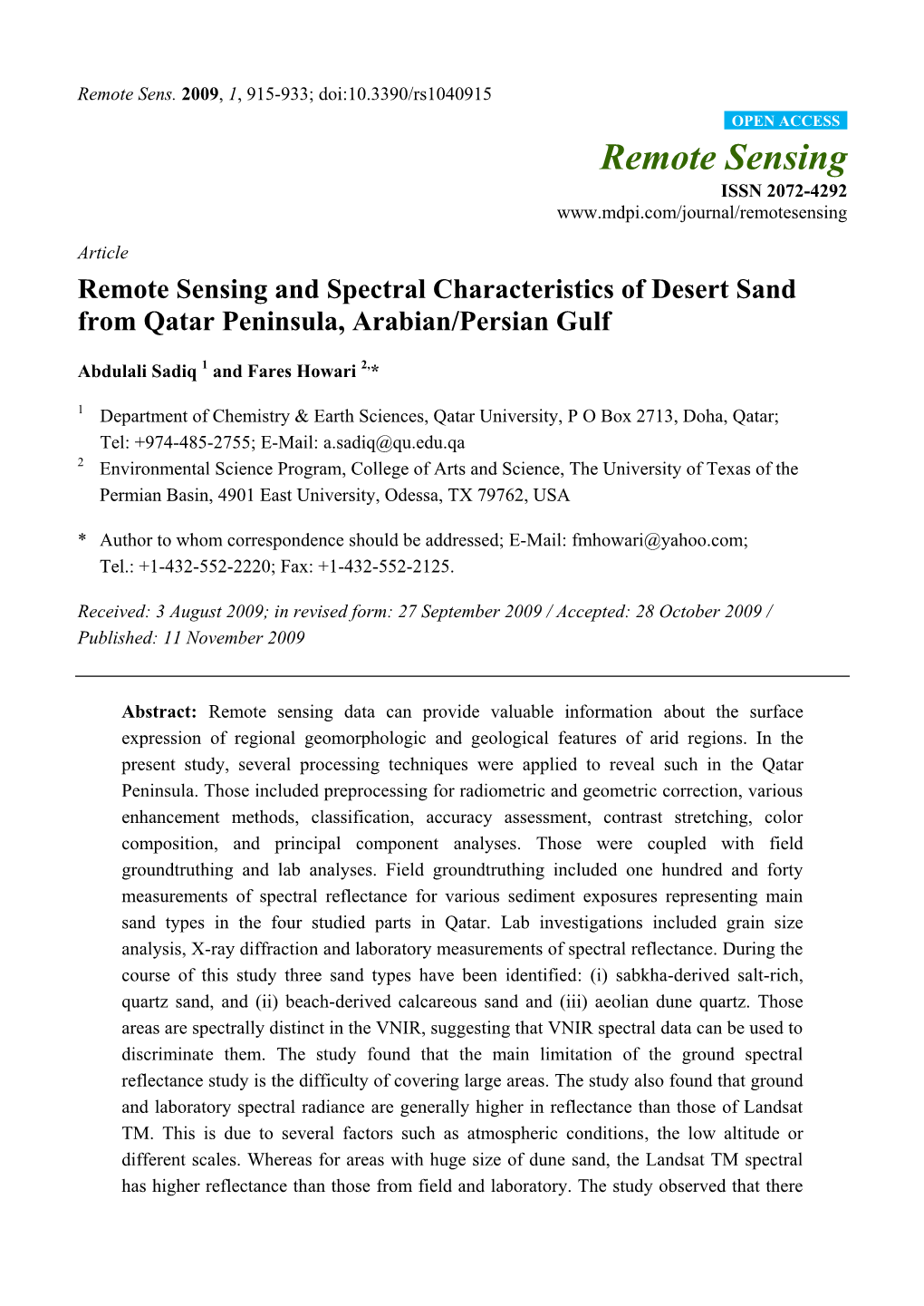 Remote Sensing and Spectral Characteristics of Desert Sand from Qatar Peninsula, Arabian/Persian Gulf