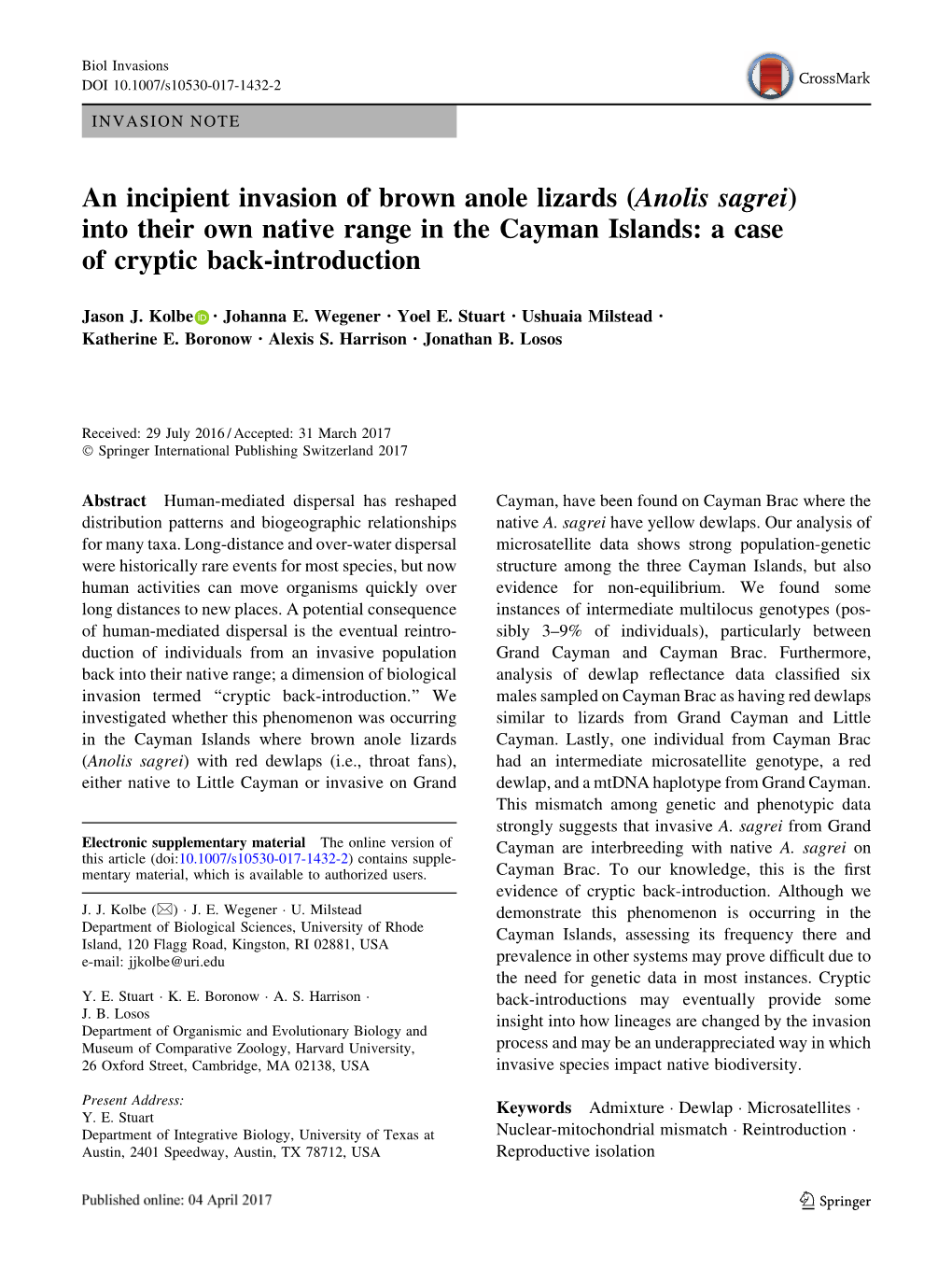 An Incipient Invasion of Brown Anole Lizards (Anolis Sagrei) Into Their Own Native Range in the Cayman Islands: a Case of Cryptic Back-Introduction