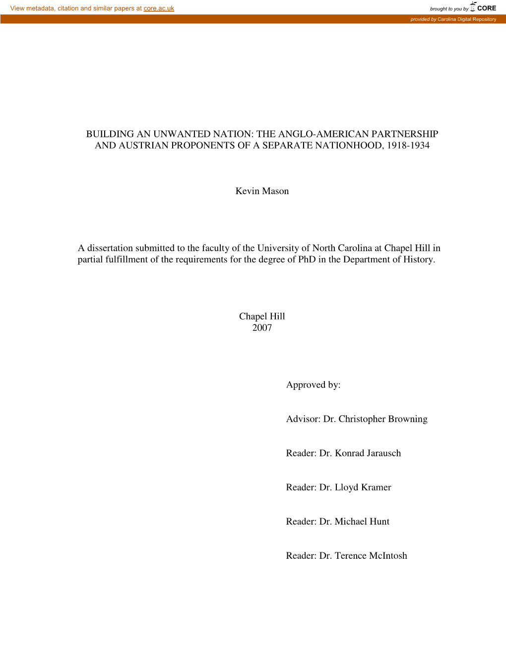 Building an Unwanted Nation: the Anglo-American Partnership and Austrian Proponents of a Separate Nationhood, 1918-1934