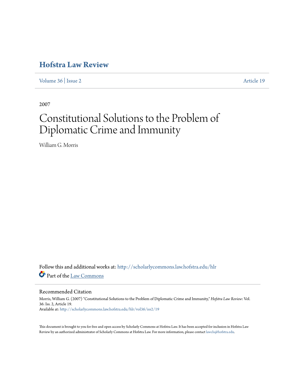 Constitutional Solutions to the Problem of Diplomatic Crime and Immunity William G