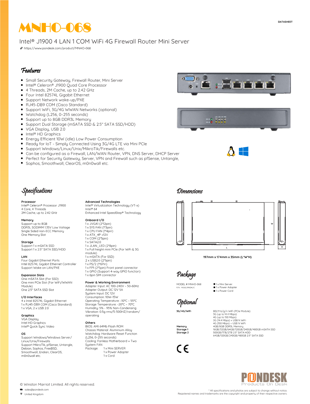 MNHO-068 DATASHEET Intel® J1900 4 LAN 1 COM Wifi 4G Firewall Router Mini Server