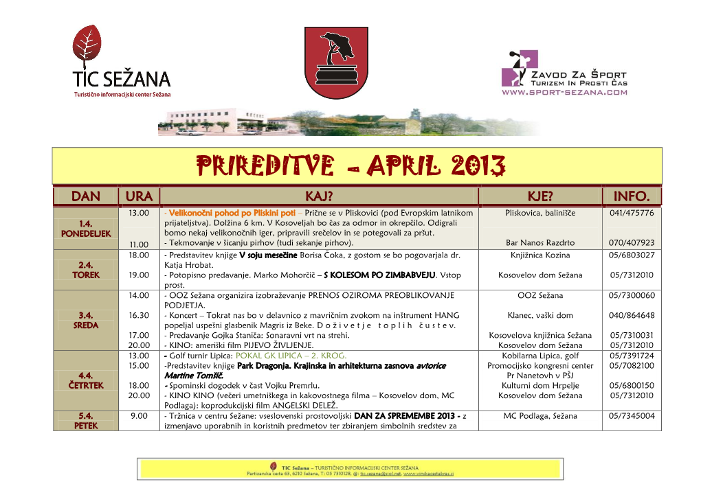 Prireditve – April 2013 Dan Ura Kaj? Kje? Info