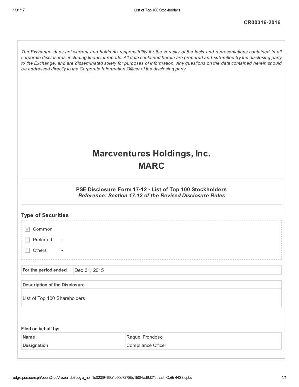 Marcventures Holdings, Inc. MARC