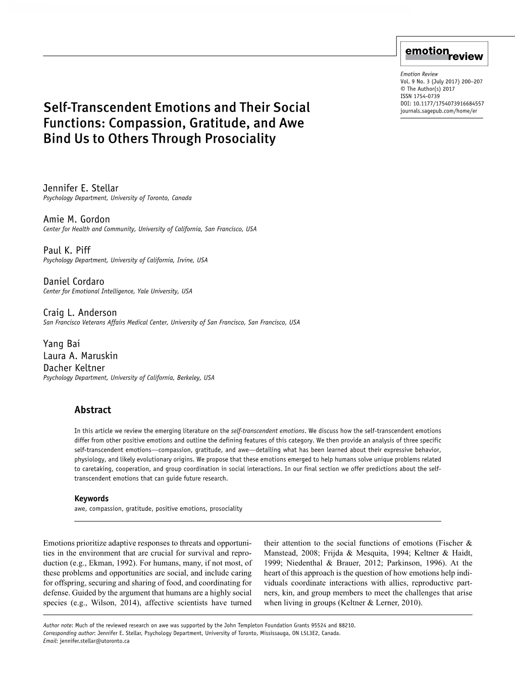 Self-Transcendent Emotions and Their Social Functions: Compassion