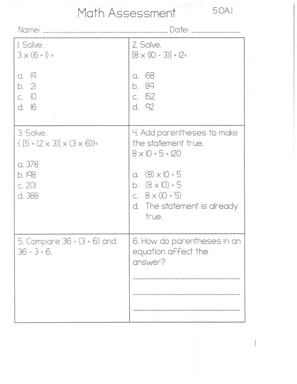 Math Assessment 5.0A