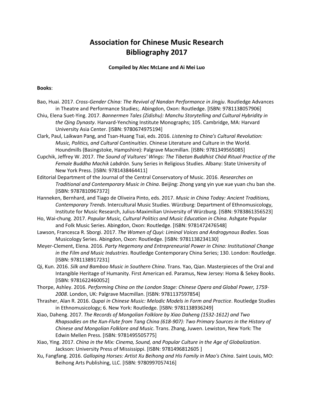 Association for Chinese Music Research Bibliography 2017
