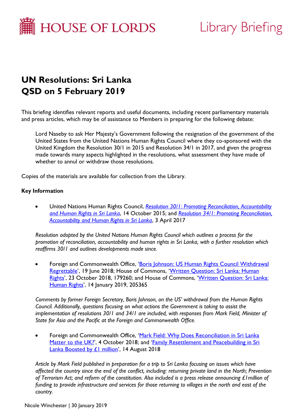 UN Resolutions: Sri Lanka QSD on 5 February 2019
