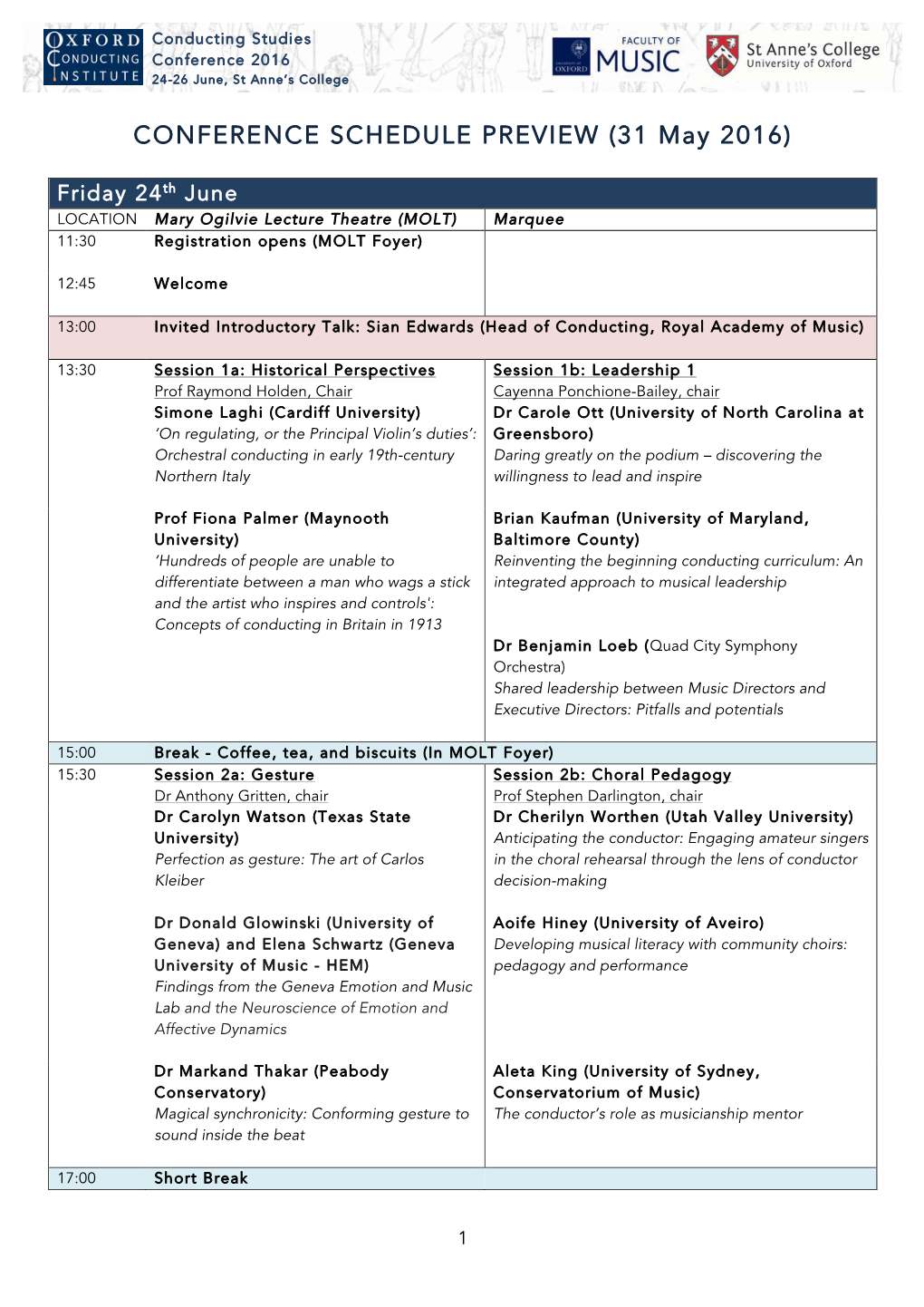 CONFERENCE SCHEDULE PREVIEW (31 May 2016)