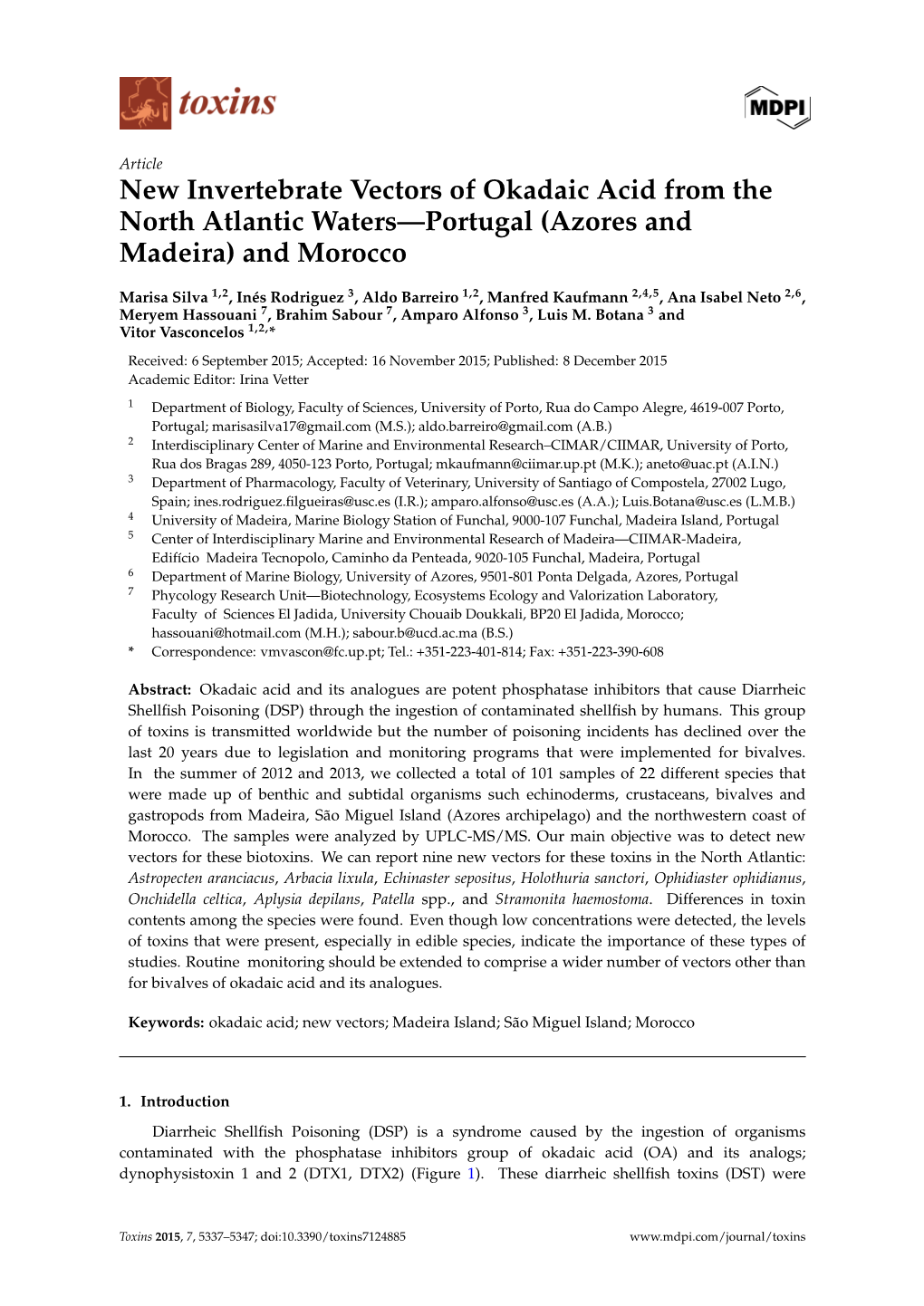 New Invertebrate Vectors of Okadaic Acid from the North Atlantic Waters—Portugal (Azores and Madeira) and Morocco