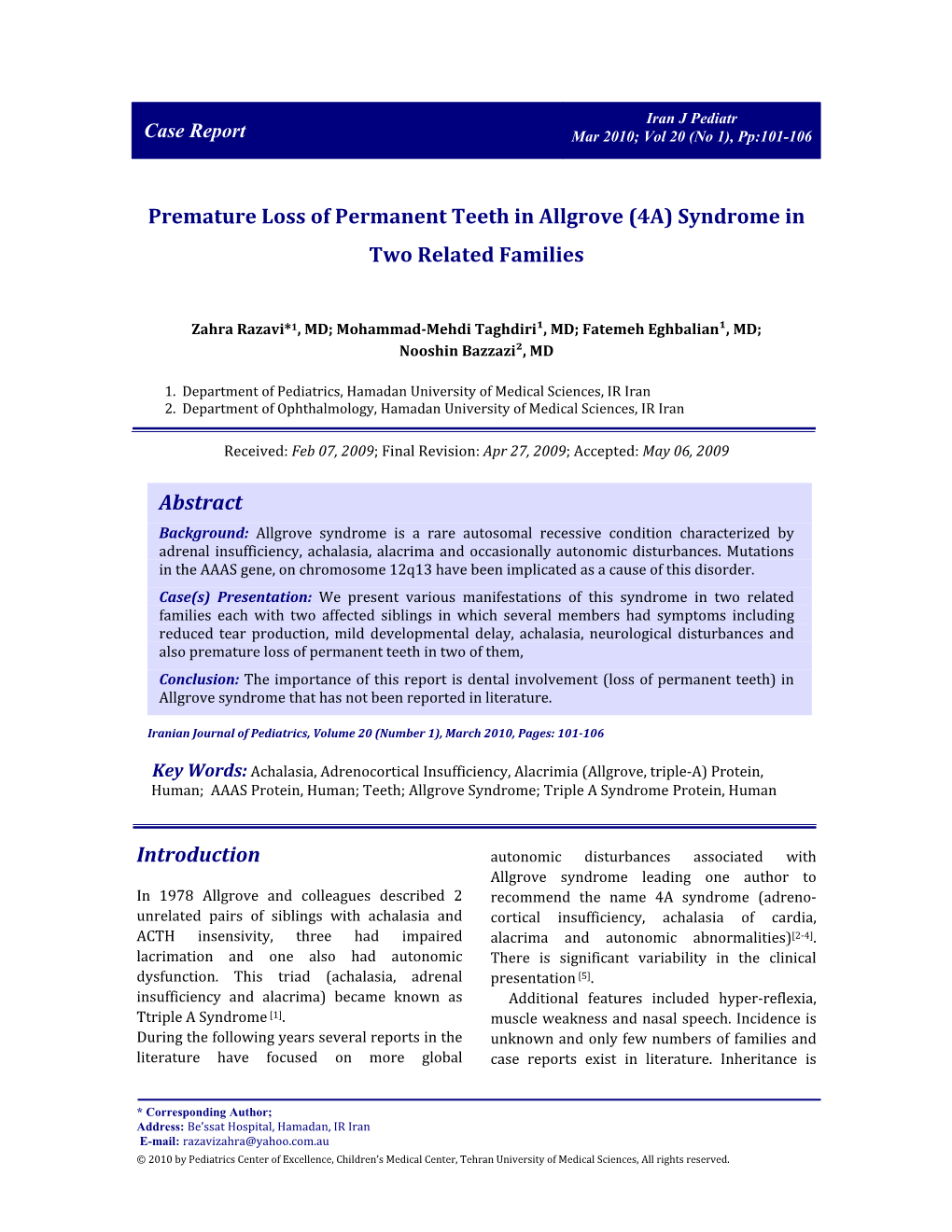 Premature Loss of Permanent Teeth in Allgrove (4A) Syndrome in Two Related Families