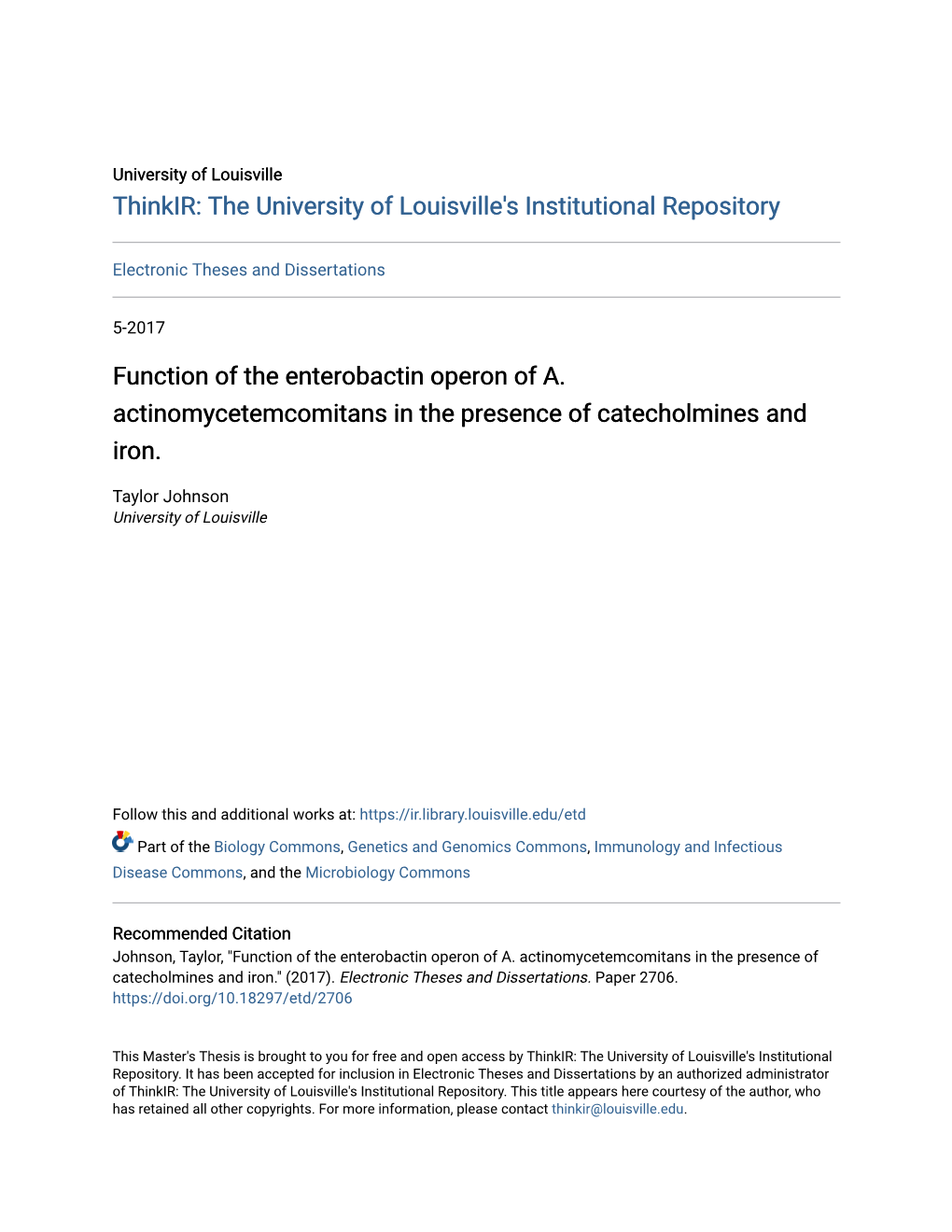 Function of the Enterobactin Operon of A. Actinomycetemcomitans in the Presence of Catecholmines and Iron