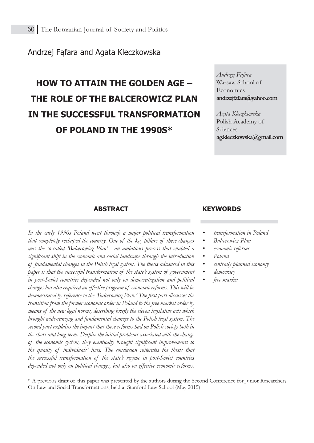 The Role of the Balcerowicz Plan in the Successful