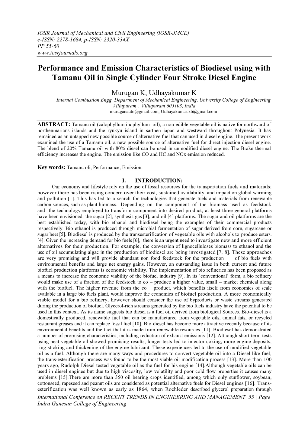 Performance and Emission Characteristics of Biodiesel Using with Tamanu Oil in Single Cylinder Four Stroke Diesel Engine