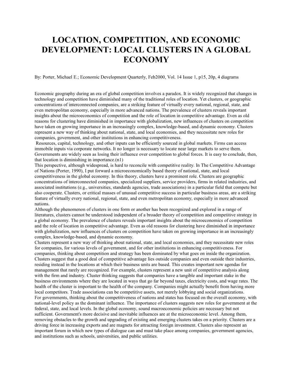 Location, Competition, And Economic Development: Local Clusters In A Global Economy