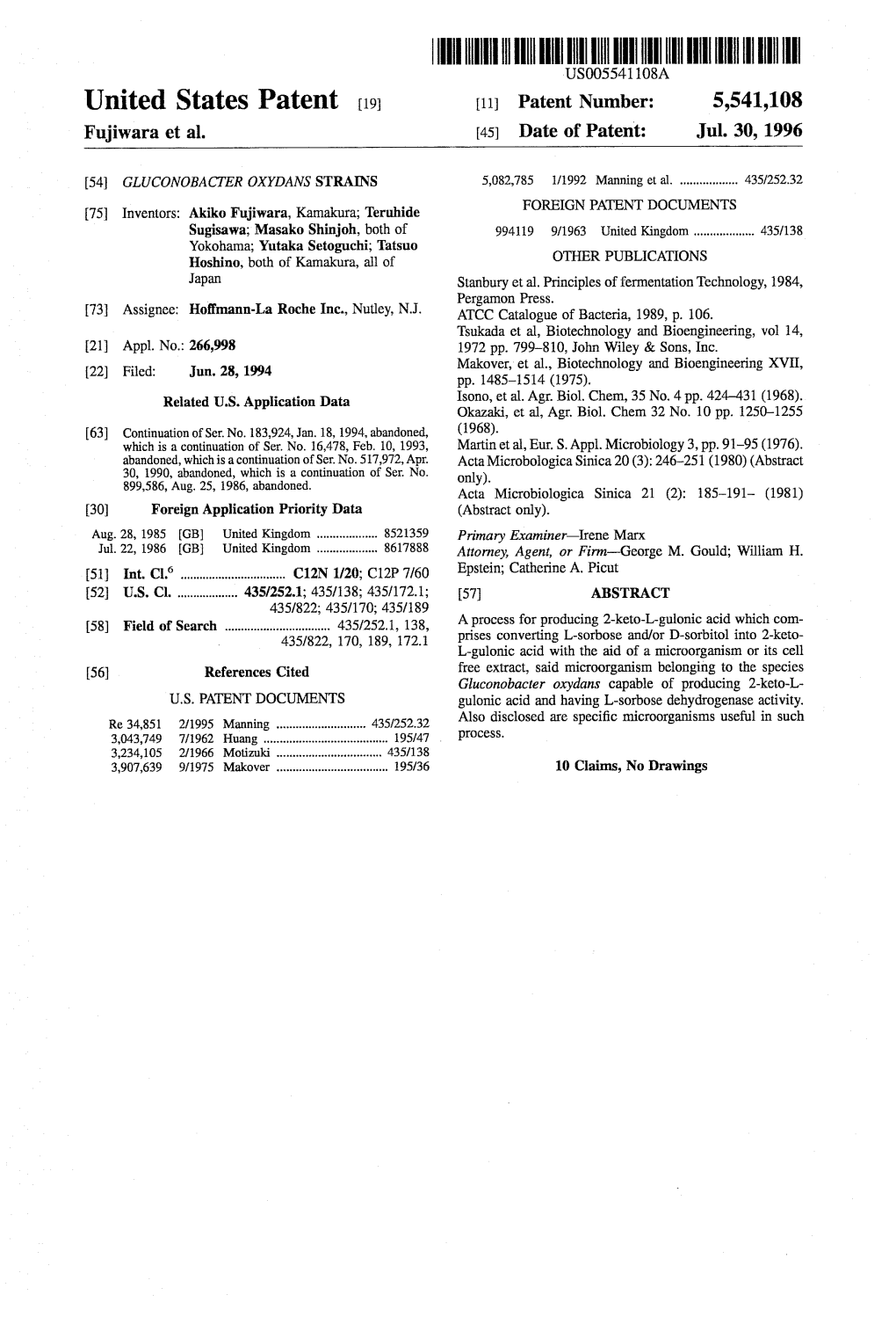 |I|||||IIIHIII US005541.108A United States Patent (19) 11 Patent Number: 5,541,108 Fujiwara Et Al