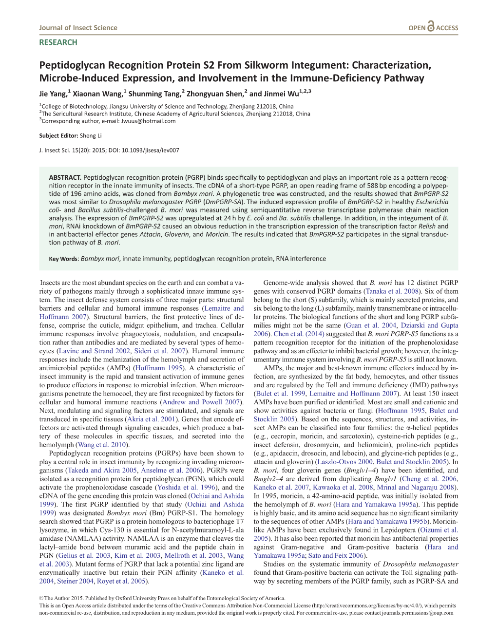 Peptidoglycan Recognition Protein S2 from Silkworm Integument