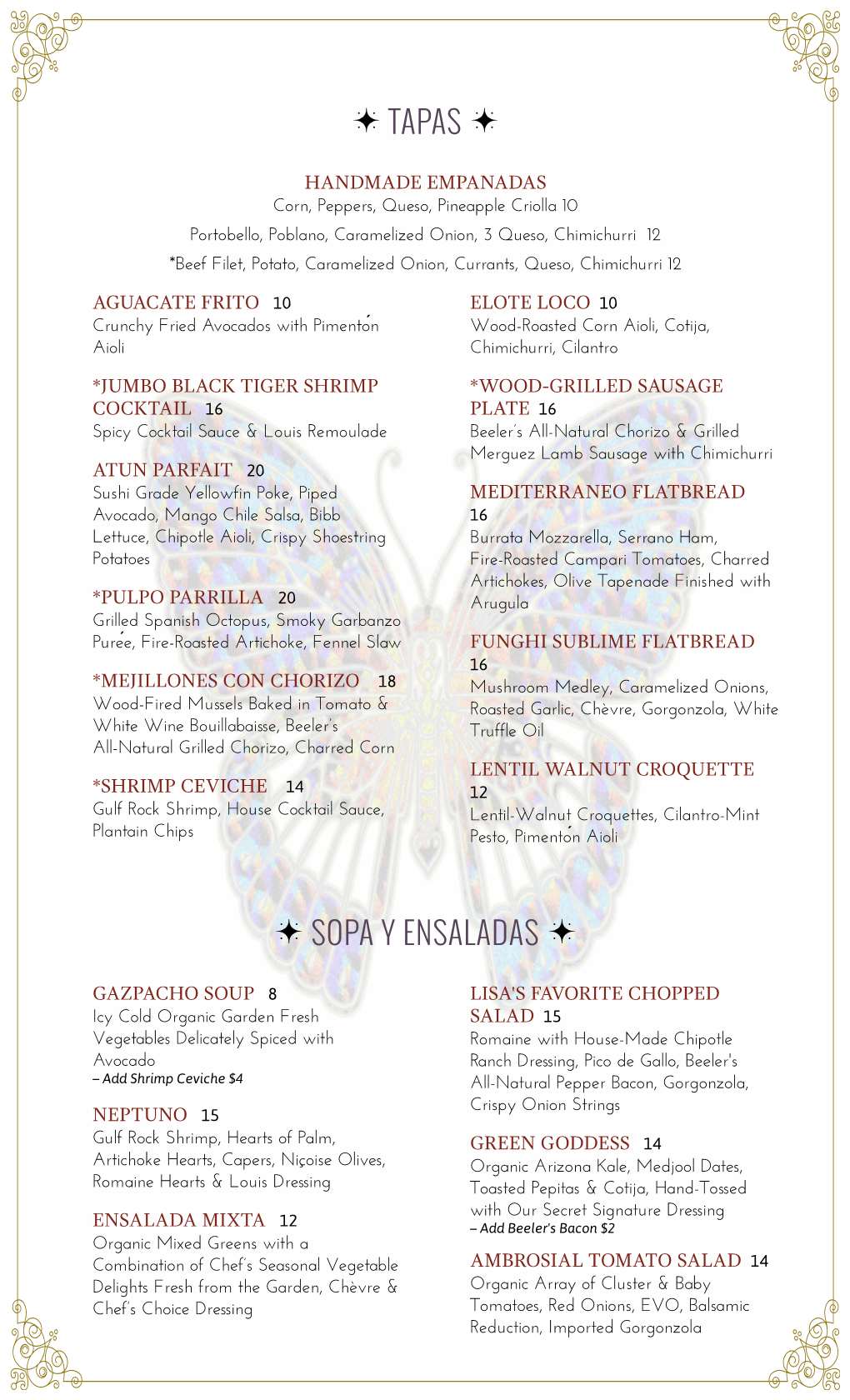 Mariposa New Dinner Menu