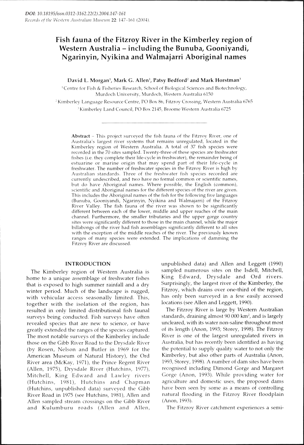 Fish Fauna of the Fitzroy River in the Kimberley Region of Western Australia - Including the Bunuba, Gooniyandi, Ngarinyin, Nyikina and Walmajarri Aboriginal Names