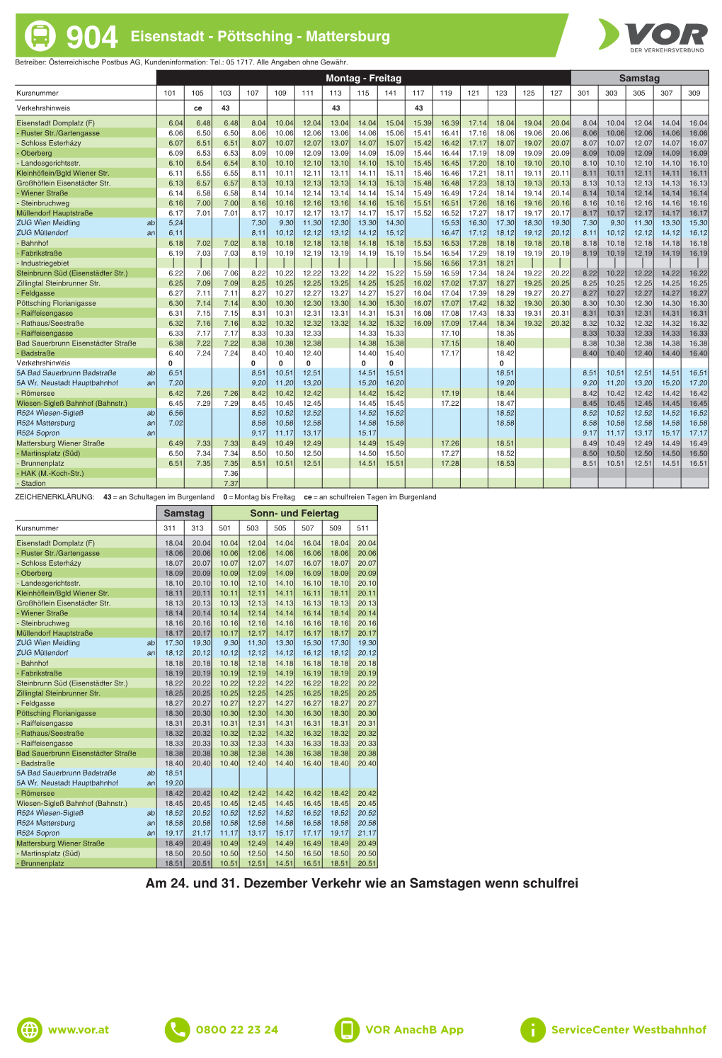 904 Eisenstadt - Pöttsching - Mattersburg Betreiber: Österreichische Postbus AG, Kundeninformation: Tel.: 05 1717