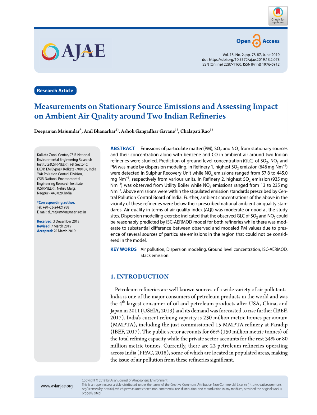 Measurements on Stationary Source Emissions and Assessing Impact on Ambient Air Quality Around Two Indian Refineries