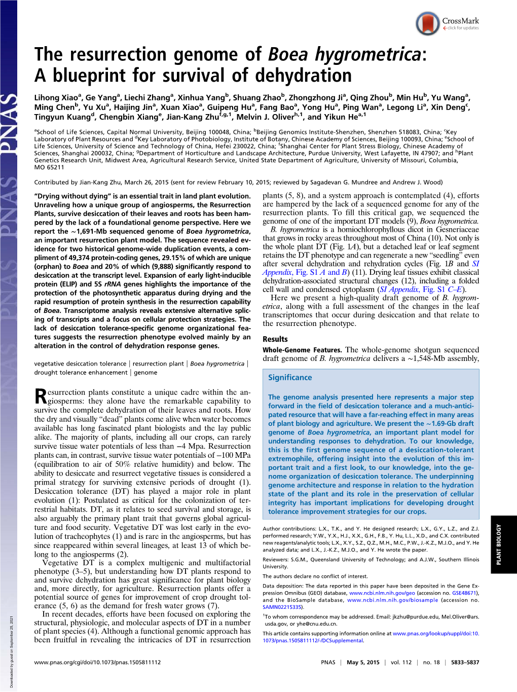 The Resurrection Genome of Boea Hygrometrica: a Blueprint for Survival of Dehydration