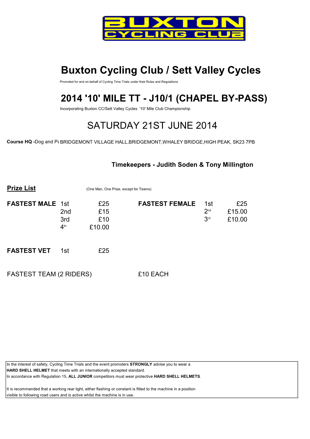 Buxton Cycling Club / Sett Valley Cycles Promoted for and on Behalf of Cycling Time Trials Under Their Rules and Regulations