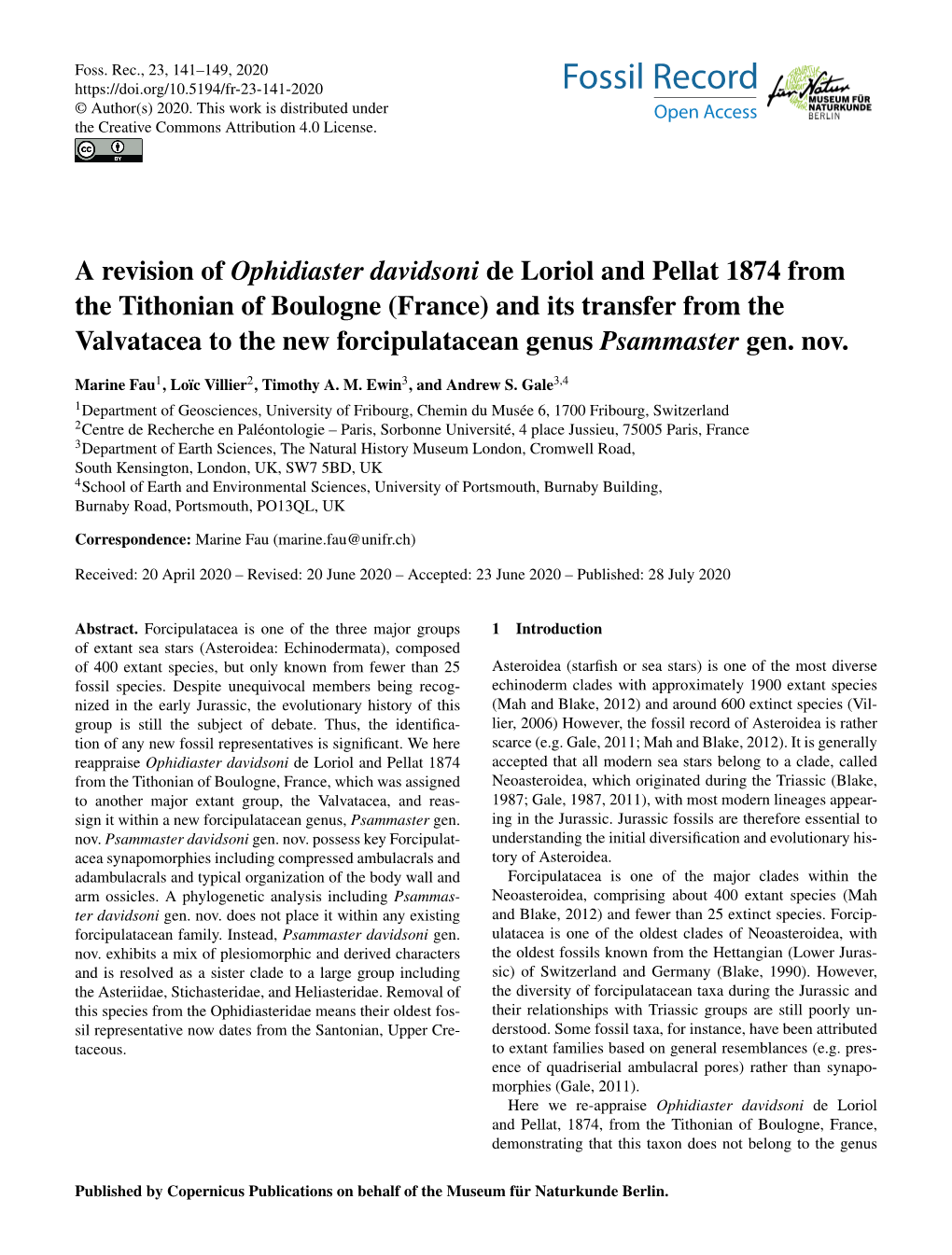 A Revision of Ophidiaster Davidsoni