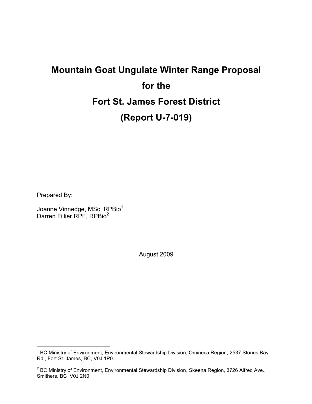 Mountain Goat Ungulate Winter Range Proposal for the Fort St. James Forest District (Report U-7-019)