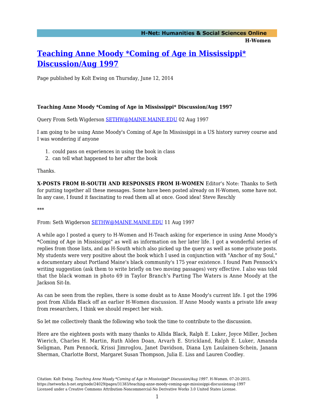 Teaching Anne Moody *Coming of Age in Mississippi* Discussion/Aug 1997