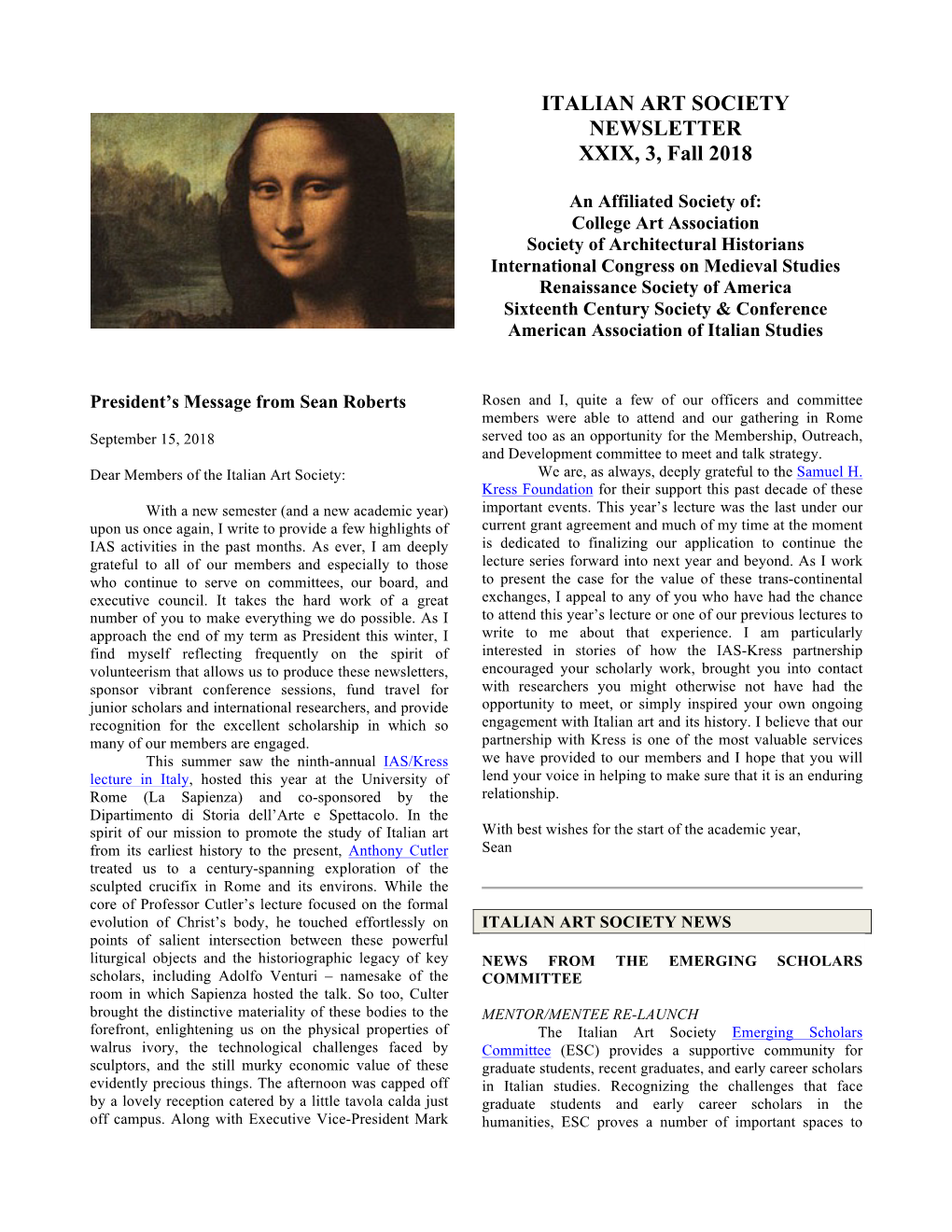 ITALIAN ART SOCIETY NEWSLETTER XXIX, 3, Fall 2018