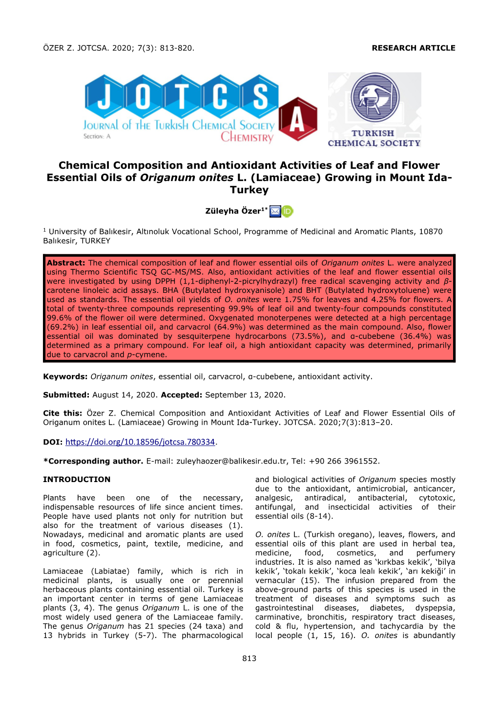 Chemical Composition and Antioxidant Activities of Leaf and Flower Essential Oils of Origanum Onites L