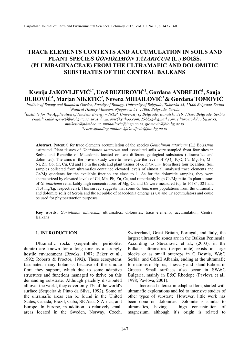 Trace Elements Contents and Accumulation in Soils and Plant Species Goniolimon Tataricum (L.) Boiss