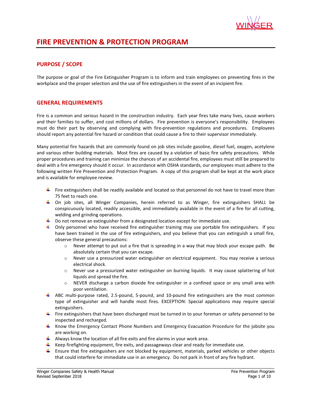 Fire Prevention Program Revised September 2018 Page 1 of 10 Obey All “No Smoking” and “No Open Flame” Signs and Postings