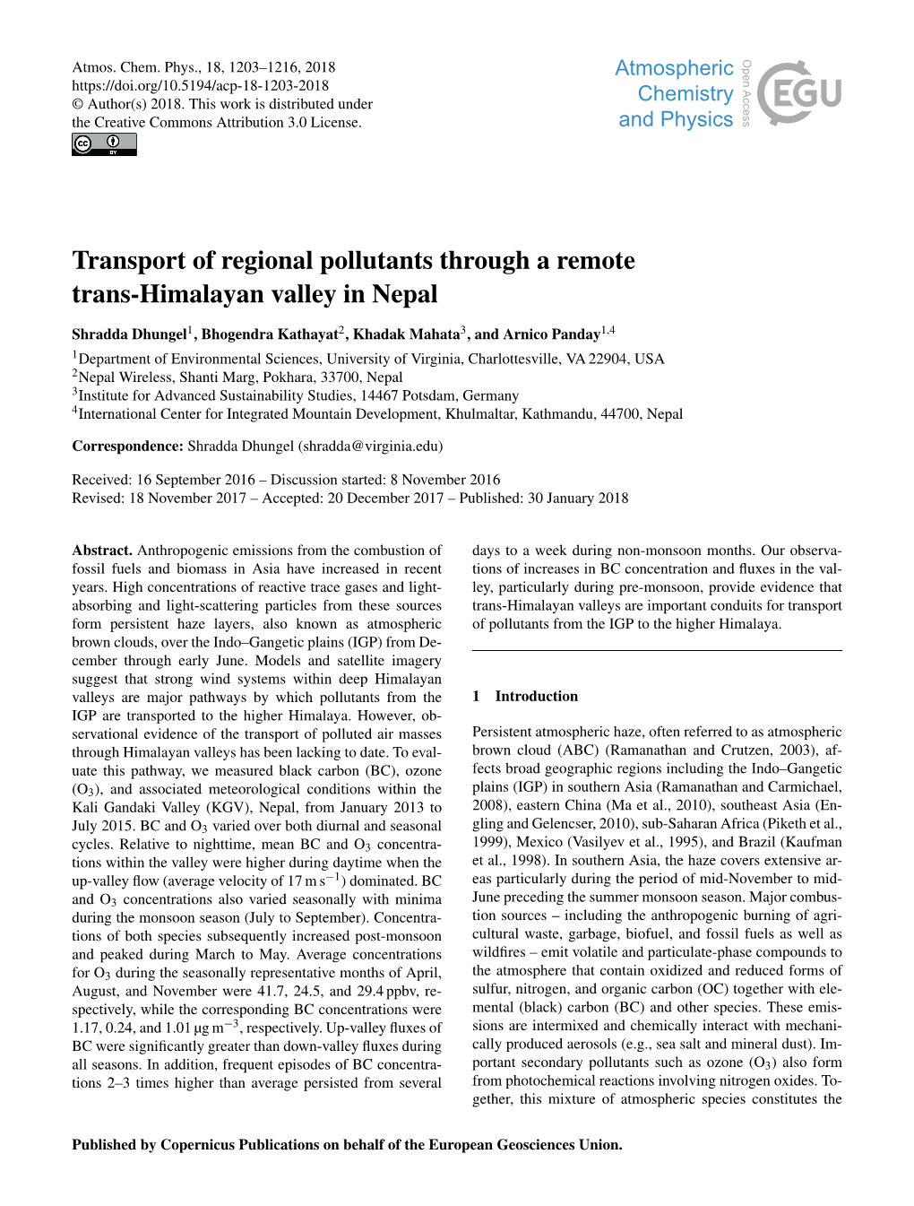 Transport of Regional Pollutants Through a Remote Trans-Himalayan Valley in Nepal